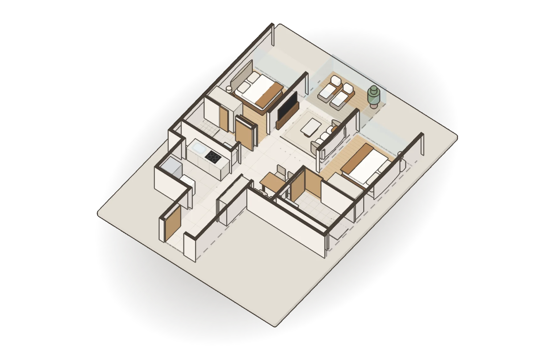 A two-bedroom condo unit built in 3D from its floor plan, with the walls cut away to show the furnished rooms